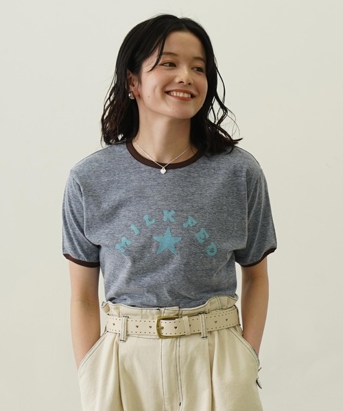 ミルクフェド レディース 半袖Tシャツ リンガーTシャツ トップス おすすめ ブランド | MILKFED. LOGO AND STAR FLOCKY PRINT RINGER TEE【103252013003】 爆買 MILKFED. ミルクフェド レディース 半袖Tシャツ リンガーTシャツ