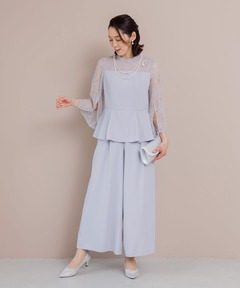 スリットスリーブ ペプラムブラウス×ワイドパンツ セットアップ/レース/結婚式/パーティー/クルージング/発表会