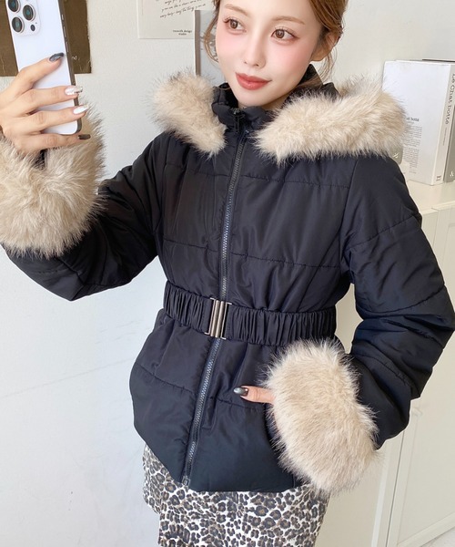 セール】ベルト付きフードファーダウンジャケット（ダウン