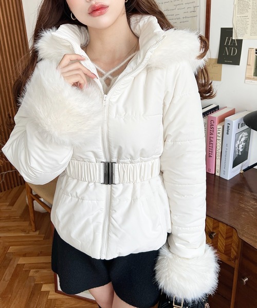 セール】ウェストベルト付きフードファーダウンジャケット（ダウン