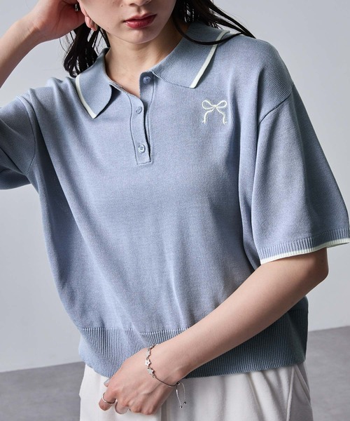 nui nullu】リボン刺繍バイカラークロップドニットポロシャツ