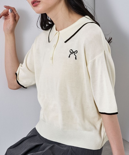 nui nullu（ヌイヌル）の「【nui nullu】リボン刺繍バイカラークロップドニットポロシャツ（ポロシャツ・レディース・ネイビー/ブラック/オフホワイト/ブルー・FREE）」の15枚目の写真