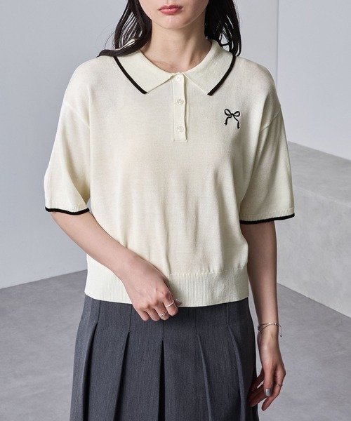 nui nullu（ヌイヌル）の「【nui nullu】リボン刺繍バイカラークロップドニットポロシャツ（ポロシャツ・レディース・ネイビー/ブラック/オフホワイト/ブルー・FREE）」の16枚目の写真