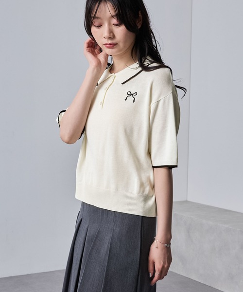 nui nullu（ヌイヌル）の「【nui nullu】リボン刺繍バイカラークロップドニットポロシャツ（ポロシャツ・レディース・ネイビー/ブラック/オフホワイト/ブルー・FREE）」の17枚目の写真