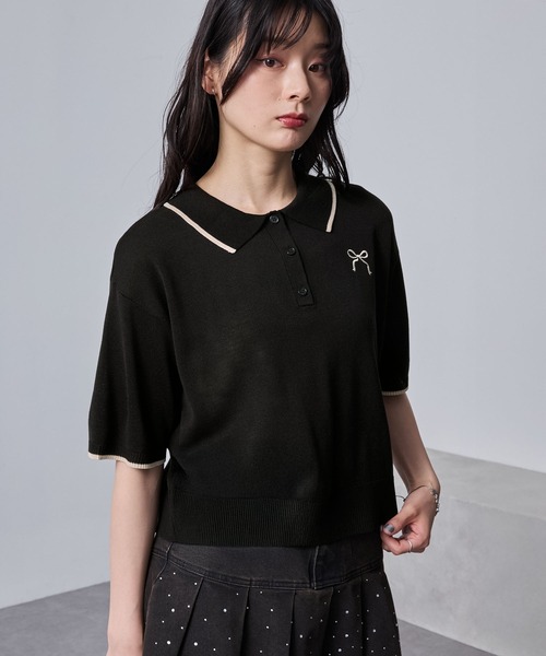 nui nullu】リボン刺繍バイカラークロップドニットポロシャツ