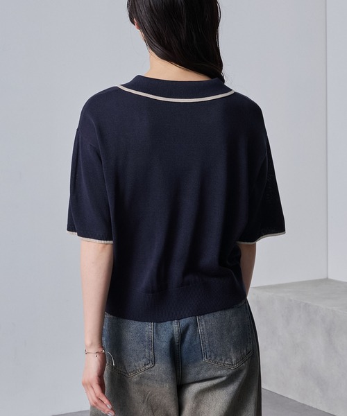 nui nullu（ヌイヌル）の「【nui nullu】リボン刺繍バイカラークロップドニットポロシャツ（ポロシャツ・レディース・ネイビー/ブラック/オフホワイト/ブルー・FREE）」の5枚目の写真