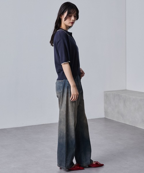 nui nullu（ヌイヌル）の「【nui nullu】リボン刺繍バイカラークロップドニットポロシャツ（ポロシャツ・レディース・ネイビー/ブラック/オフホワイト/ブルー・FREE）」の9枚目の写真