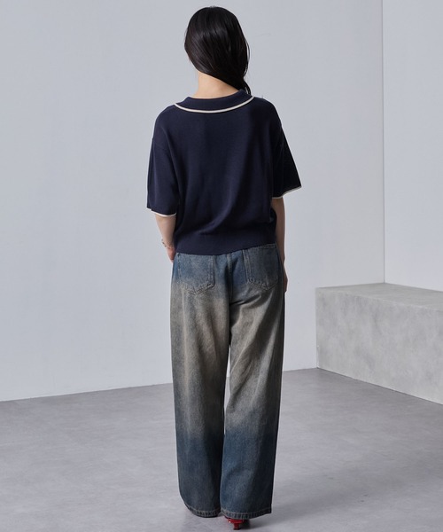 nui nullu（ヌイヌル）の「【nui nullu】リボン刺繍バイカラークロップドニットポロシャツ（ポロシャツ・レディース・ネイビー/ブラック/オフホワイト/ブルー・FREE）」の10枚目の写真