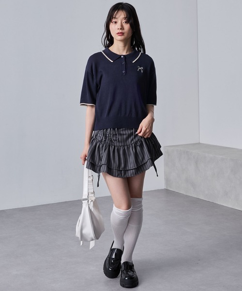 nui nullu（ヌイヌル）の「【nui nullu】リボン刺繍バイカラークロップドニットポロシャツ（ポロシャツ・レディース・ネイビー/ブラック/オフホワイト/ブルー・FREE）」の12枚目の写真