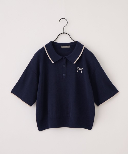 nui nullu】リボン刺繍バイカラークロップドニットポロシャツ