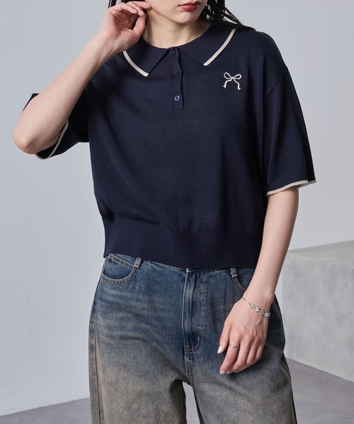 nui nullu（ヌイヌル）の「【nui nullu】リボン刺繍バイカラークロップドニットポロシャツ（ポロシャツ・レディース・ネイビー/ブラック/オフホワイト/ブルー・FREE）」の7枚目の写真
