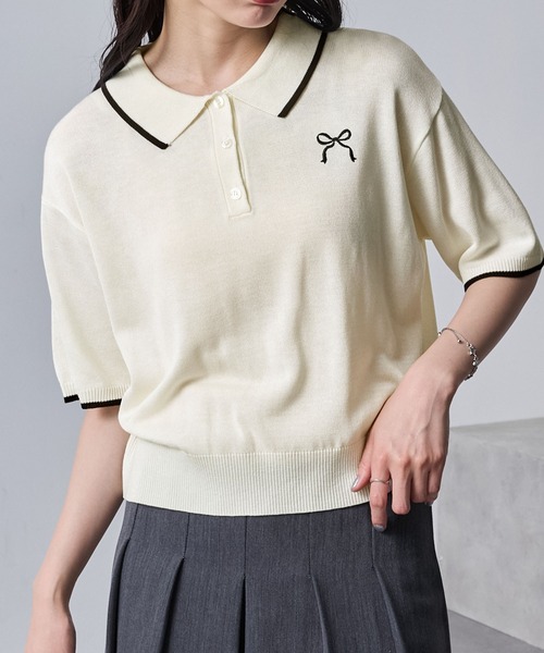 nui nullu（ヌイヌル）の「【nui nullu】リボン刺繍バイカラークロップドニットポロシャツ（ポロシャツ・レディース・ネイビー/ブラック/オフホワイト/ブルー・FREE）」の13枚目の写真