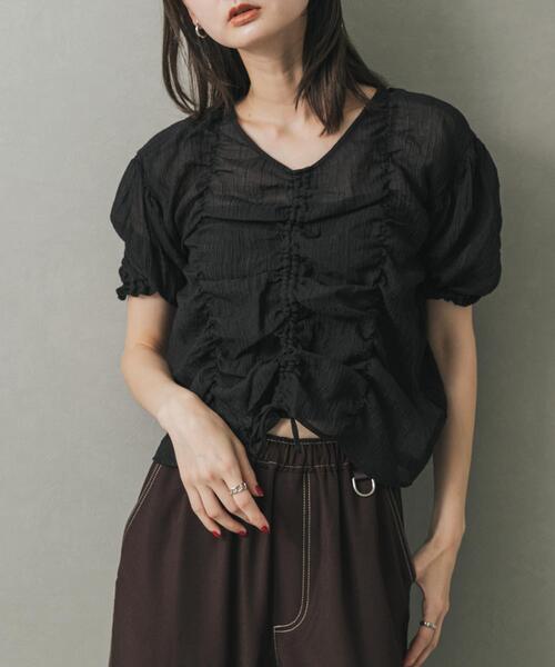 シャーリング７分袖Ｔシャツ袖の長さが変えられる黒Ｍ HEILIS tシャツ 袖シャーリングシアートップス ⁄ ロンT カットソー