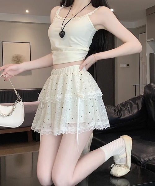 Mejoul(メジュール)の「【インパン付き】ドット柄レースティアードフリルミニスカート(スカート・レディース・ホワイト・M/L)」の4枚目の写真