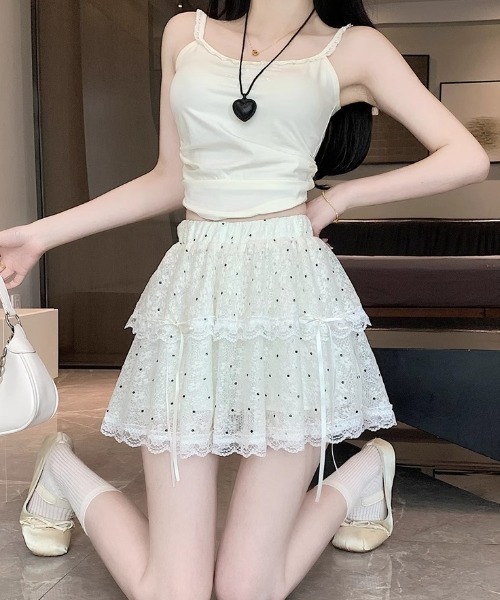 Mejoul(メジュール)の「【インパン付き】ドット柄レースティアードフリルミニスカート(スカート・レディース・ホワイト・M/L)」の8枚目の写真