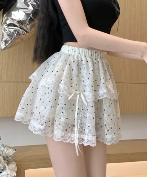 Mejoul(メジュール)の「【インパン付き】ドット柄レースティアードフリルミニスカート(スカート・レディース・ホワイト・M/L)」の14枚目の写真