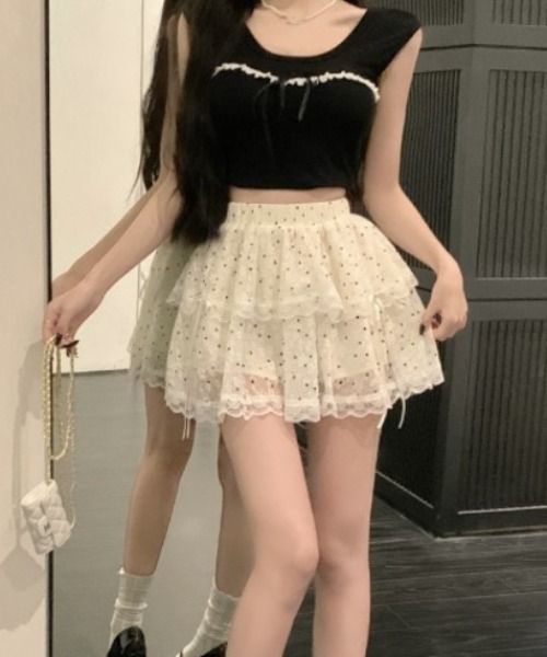 Mejoul(メジュール)の「【インパン付き】ドット柄レースティアードフリルミニスカート(スカート・レディース・ホワイト・M/L)」の16枚目の写真