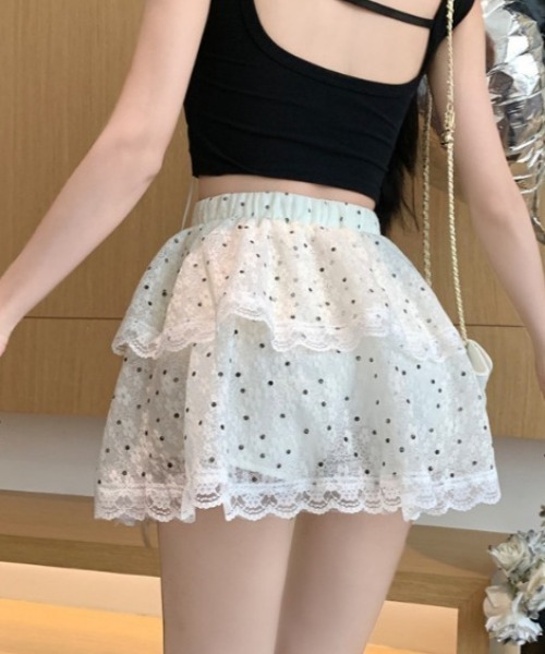 Mejoul(メジュール)の「【インパン付き】ドット柄レースティアードフリルミニスカート(スカート・レディース・ホワイト・M/L)」の17枚目の写真