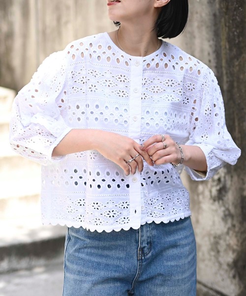 ブラウス シャツ インド綿カットワーク刺繍コクーンシャツ（インド綿.インドコットン.コットン100%，綿100%） レディース セール】インド綿カットワーク刺繍コクーンシャツ（インド綿