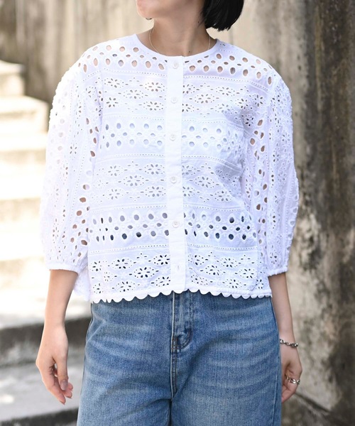 ＆HALF（アンドハーフ）の「インド綿カットワーク刺繍コクーンシャツ（インド綿.インドコットン.コットン100%,綿100%）（シャツ/ブラウス・レディース・ブラック/オフホワイト・L/M）」の11枚目の写真