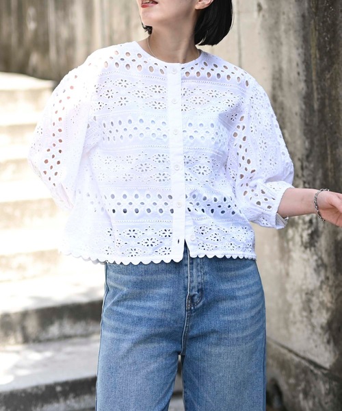 新品 9691 ML カットワーク 刺繍 綿100％ シャツ プルオーバー ベージュ 夏 レディース インド製 コットン 売れ筋商品|||ブラウス 異素材切替 50代 60代 70代 ＆HALF ブラウス シャツ 刺繍プルオーバーブラウス（インド綿