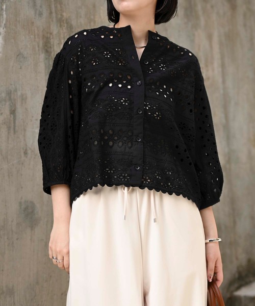ブラウス シャツ インド綿カットワーク刺繍コクーンシャツ（インド綿.インドコットン.コットン100%，綿100%） レディース セール】インド綿カットワーク刺繍コクーンシャツ（インド綿