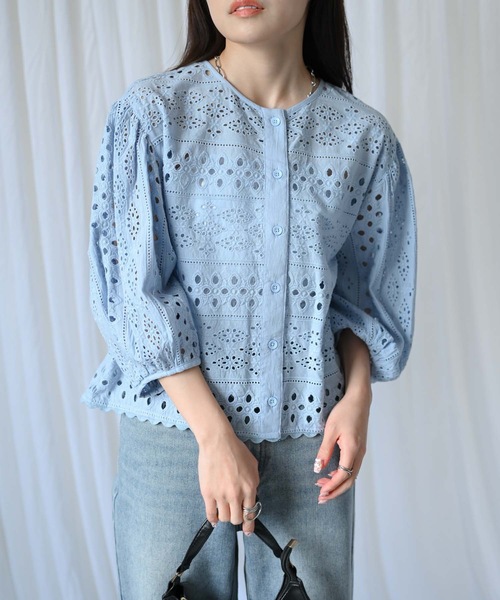 ＆HALF（アンドハーフ）の「【indian Cotton Collection】インド綿カットワーク刺繍コクーンシャツ（インドコットン.コットン100%,綿100%）（シャツ/ブラウス・レディース・ブラック/オフホワイト/サックスブルー・L/M）」の21枚目の写真