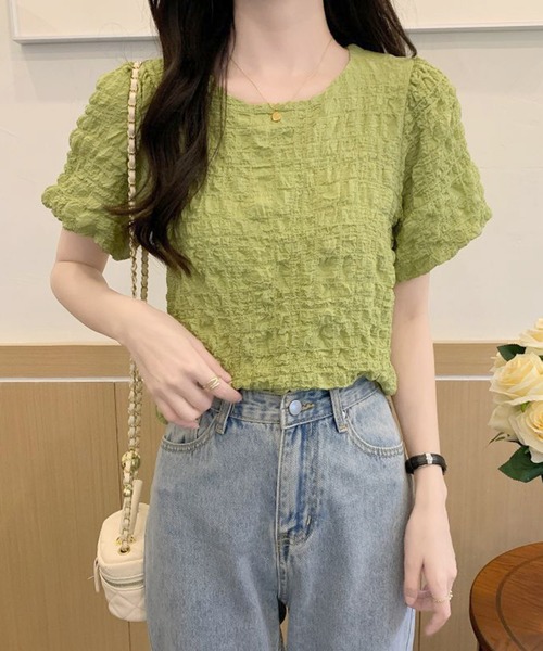 L LABEL（エルラベル）の「ぽこぽこジャカードTシャツ（Tシャツ/カットソー・レディース・グリーン/ピンク/オフホワイト・FREE）」の3枚目の写真
