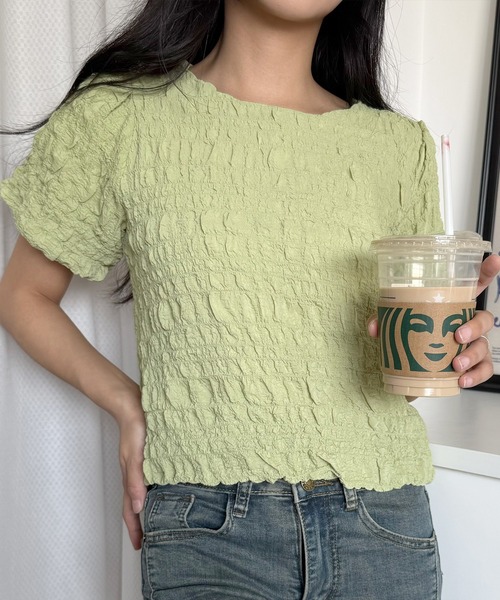 L LABEL（エルラベル）の「ぽこぽこジャカードTシャツ（Tシャツ/カットソー・レディース・グリーン/ピンク/オフホワイト・FREE）」の4枚目の写真