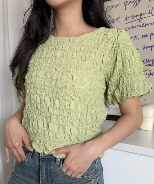 L LABEL（エルラベル）の「ぽこぽこジャカードTシャツ（Tシャツ/カットソー・レディース・グリーン/ピンク/オフホワイト・FREE）」の5枚目の写真