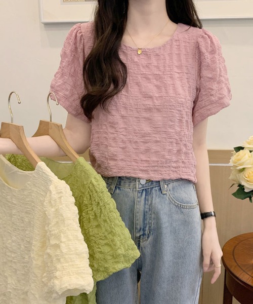 L LABEL（エルラベル）の「ぽこぽこジャカードTシャツ（Tシャツ/カットソー・レディース・グリーン/ピンク/オフホワイト・FREE）」の21枚目の写真