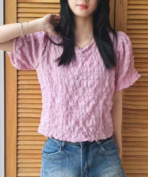 L LABEL（エルラベル）の「ぽこぽこジャカードTシャツ（Tシャツ/カットソー・レディース・グリーン/ピンク/オフホワイト・FREE）」の7枚目の写真