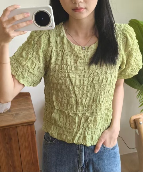 L LABEL（エルラベル）の「ぽこぽこジャカードTシャツ（Tシャツ/カットソー・レディース・グリーン/ピンク/オフホワイト・FREE）」の8枚目の写真