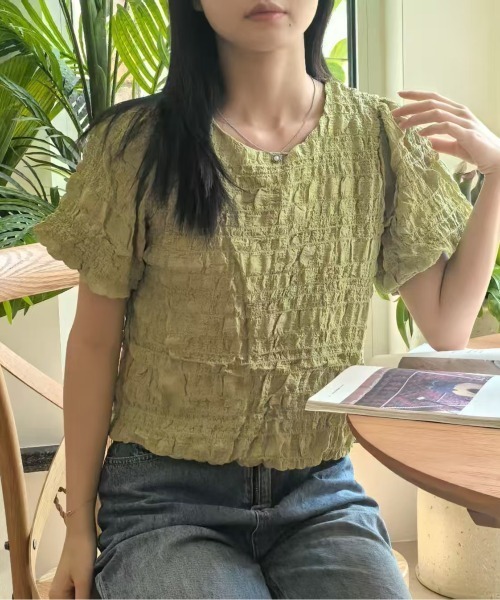 L LABEL（エルラベル）の「ぽこぽこジャカードTシャツ（Tシャツ/カットソー・レディース・グリーン/ピンク/オフホワイト・FREE）」の9枚目の写真
