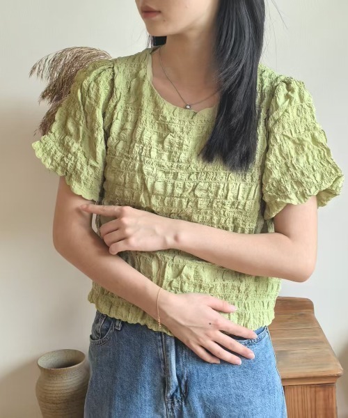 L LABEL（エルラベル）の「ぽこぽこジャカードTシャツ（Tシャツ/カットソー・レディース・グリーン/ピンク/オフホワイト・FREE）」の10枚目の写真