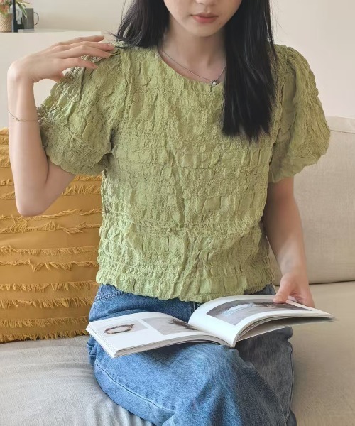 L LABEL（エルラベル）の「ぽこぽこジャカードTシャツ（Tシャツ/カットソー・レディース・グリーン/ピンク/オフホワイト・FREE）」の12枚目の写真