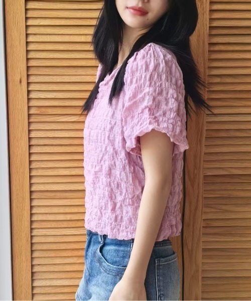 L LABEL（エルラベル）の「ぽこぽこジャカードTシャツ（Tシャツ/カットソー・レディース・グリーン/ピンク/オフホワイト・FREE）」の6枚目の写真