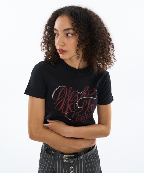 Tシャツ・カットソー HEART CROP T-SHIRT セール】RHINESTONE HEART DESIGN CROPPED TEE / ラインストーン