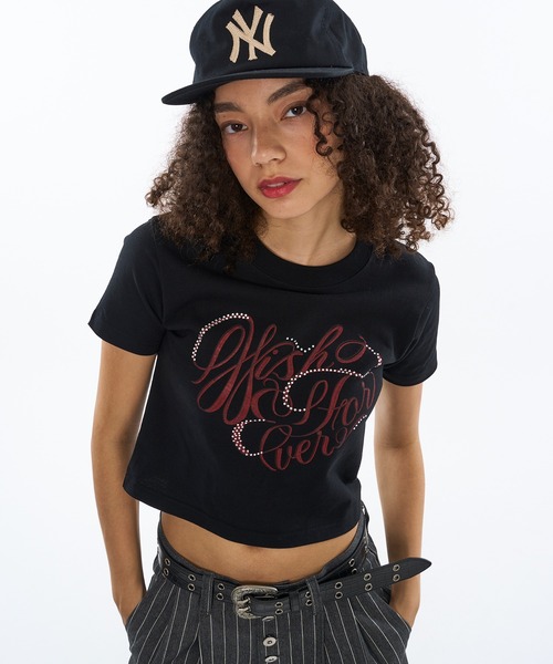 セール】RHINESTONE HEART DESIGN CROPPED TEE / ラインストーン