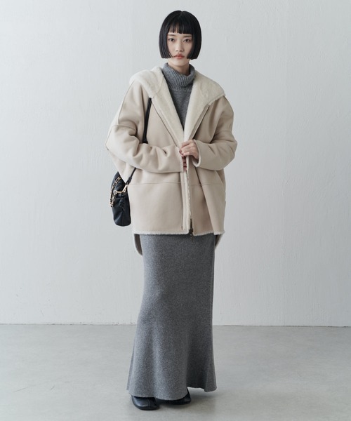 Lui's（ルイス）の「フェイクムートンコクーンフードコート（ムートンコート・レディース・モカ/チャコールグレー/ホワイト・FREE）」の16枚目の写真