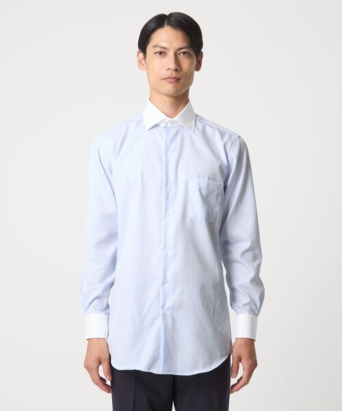 green label relaxing（グリーンレーベルリラクシング）の「コットン シャドーストライプ クレリック ワイドカラー ドレスシャツ -イージーアイロン-（ビジネスシャツ・メンズ・ライトブルー/ホワイト・42cm/40cm/43cm/39cm/41cm/37cm/38cm）」の8枚目の写真