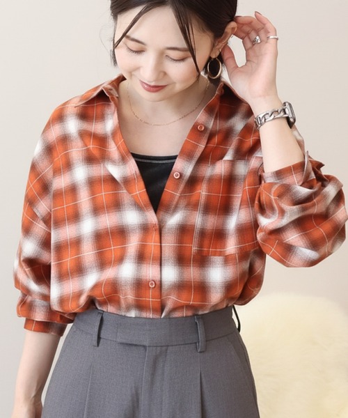 AMERICAN HOLIC（アメリカンホリック）の「ビエラ起毛チェックシャツ（シャツ/ブラウス・レディース・アイボリー/グレー/ブラック/オレンジ/ネイビー/パープル・M/L）」の6枚目の写真