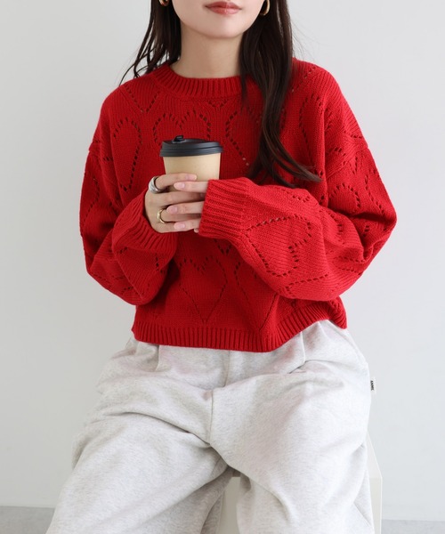 セール】ショート丈ハートアイレットニットトップス（ニット/セーター