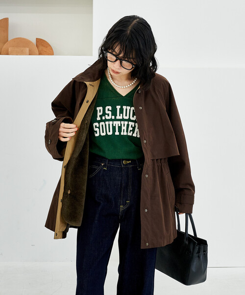 FREAK'S STORE（フリークスストア）の「【セットアイテム】マルチウェイ ボアベスト付き 配色 テントラインコート（トレンチコート・レディース・ブラック/ベージュ/ブラウン・ﾌﾘ-）」の14枚目の写真