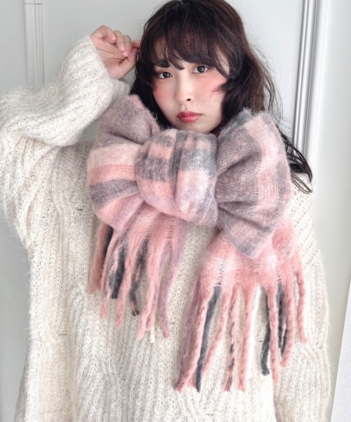 セール】チェックボリューム太フリンジマフラー（マフラー）｜Loueme