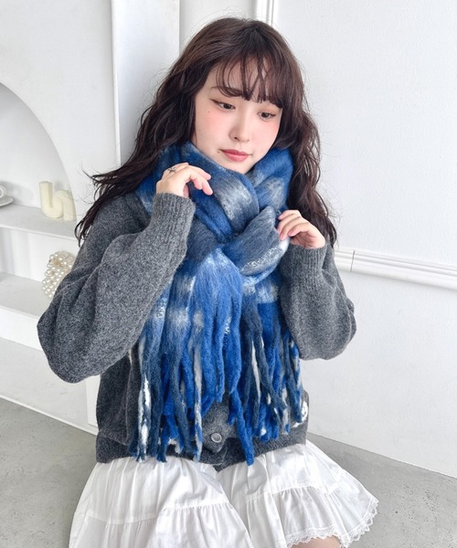 セール】チェックボリューム太フリンジマフラー（マフラー）｜Loueme