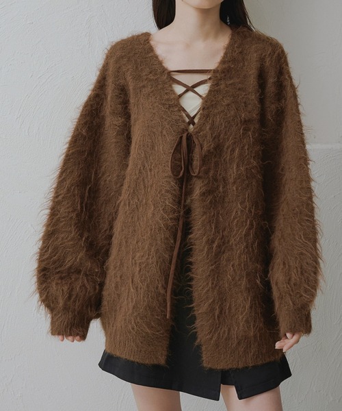 apres jour clair(アプレジュールクレア)の「【apres jour clair】シャギーレースアップニットカーディガン(カーディガン/ボレロ・レディース・グレー/クリーム/キャメル/ピンク系その他/ブラウン系その他/ベージュ/ピンク/グリーン/イエロー・フリー/X-LARGE)」の3枚目の写真