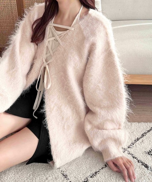 apres jour clair(アプレジュールクレア)の「【apres jour clair】シャギーレースアップニットカーディガン(カーディガン/ボレロ・レディース・グレー/クリーム/キャメル/ピンク系その他/ブラウン系その他/ベージュ/ピンク/グリーン/イエロー・フリー/X-LARGE)」の9枚目の写真