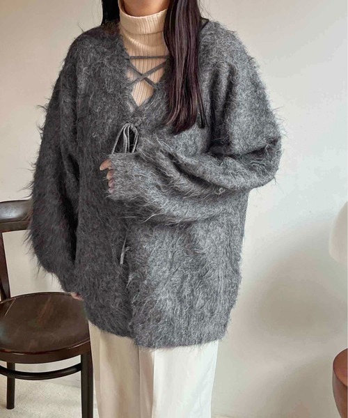 セール】【apres jour clair】シャギーレースアップニットカーディガン