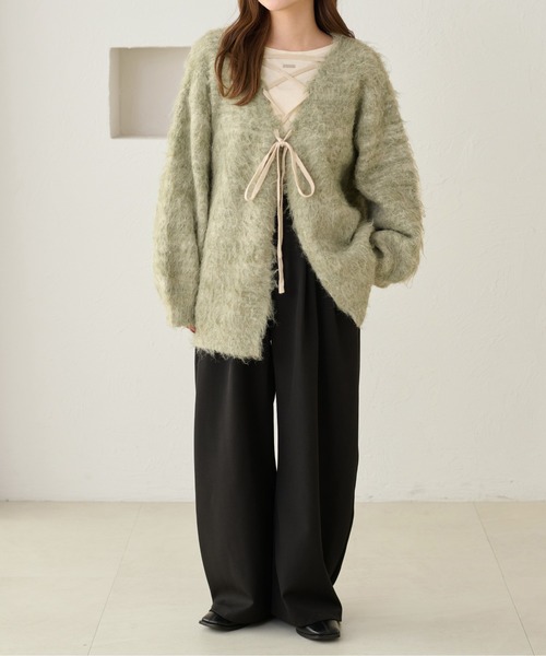 apres jour clair】シャギーレースアップニットカーディガン